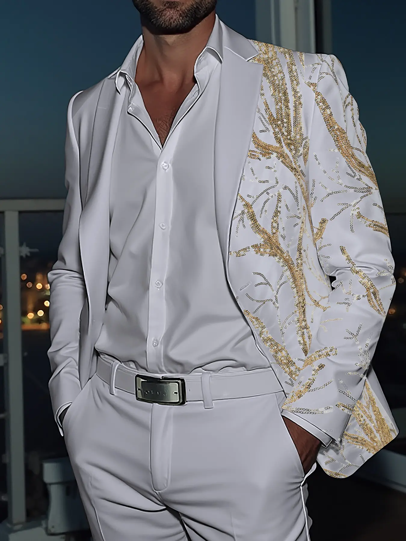 Men's Fitted Suit Jacket, Sparkling Round Sequins Top, Wedding Evening Stage Performance Men's Formal Suit, Elegant Party