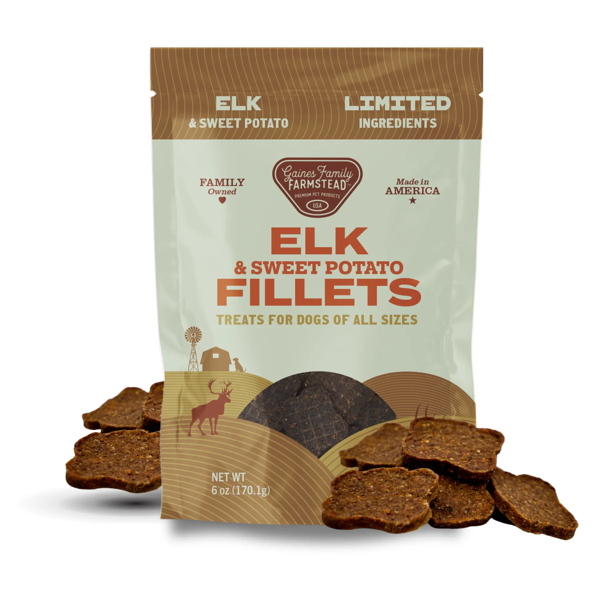 Gaines Family Farmstead Elk & Sweet Potato Potato Fillets for Dogs, 6 oz - Made in the USA