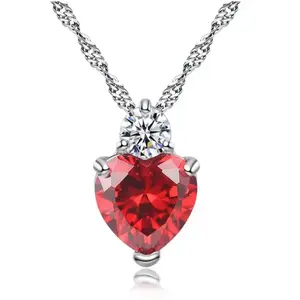 Red Garnet Heart Jewelry Silver Love Necklace Crystal Pendant Valentine Gift