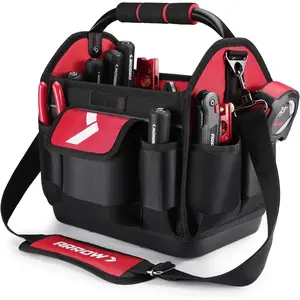 12" Tool Tote with  Hard Base, Electrician Tool Bag with 19 Pockets, 840D Oxford Fabric, Open Top Tool Bag for Plumber Mechanic HVAC Automotive