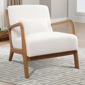 EBELLO Mid-Century Modern Accent Chair | Comfy Linen Fabric Lounge Chair with Pillow & Sturdy Solid Wood Frame for Home | Green & Beige & White | wooden chair
