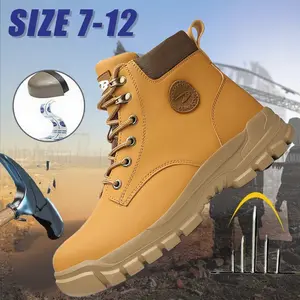 Men's Solid Color Classic High Top Plain Toe Lace Up Safety Boots, Comfy Non-Slip Durable Work Shoes Anti-Smashing Anti-Stab