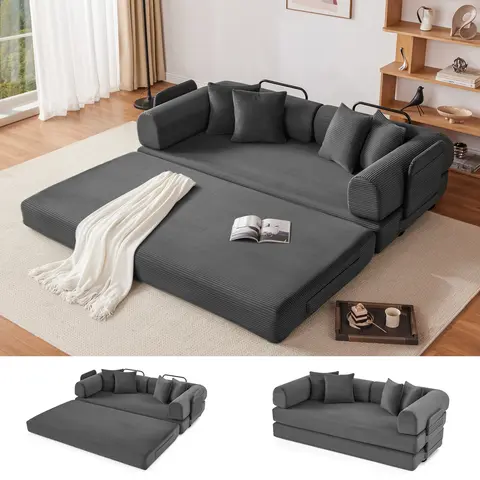 59"-79" Convertible Sleeper Sofa Bed with 4 Pillows, 5-in-1 Corduroy Futon Couch for Small Spaces,Boneless Couch, Floor Modular Sofa with Fixed-Shape Frame,For Guest Bed & Kids Play Area with Washable Cover,teddy sofa for Adults,No-Assembly