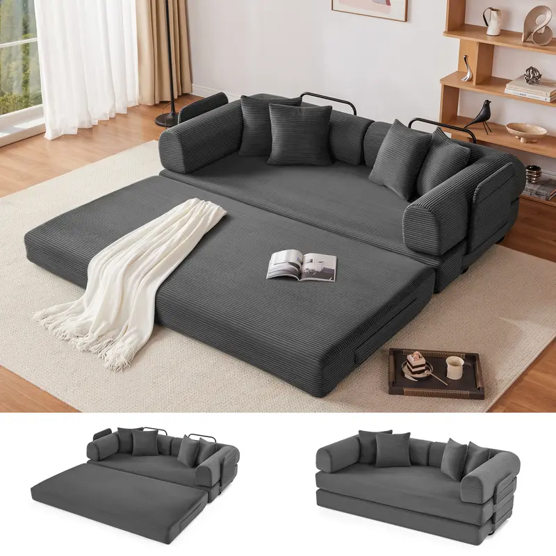 59"-79" Convertible Sleeper Sofa Bed with 4 Pillows, 5-in-1 Corduroy Futon Couch for Small Spaces,Boneless Couch, Floor Modular Sofa with Fixed-Shape Frame,For Guest Bed & Kids Play Area with Washable Cover,teddy sofa for Adults,No-Assembly