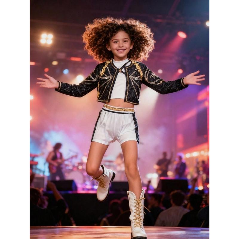 Girls K-Pop Rumi Mira Role Play Costume Set 3pcs Short Sleeve Crop Top Skirt Halloween Party Dress Up Clothes for Kids Comfortable Polyester Fabric Superstar Outfit