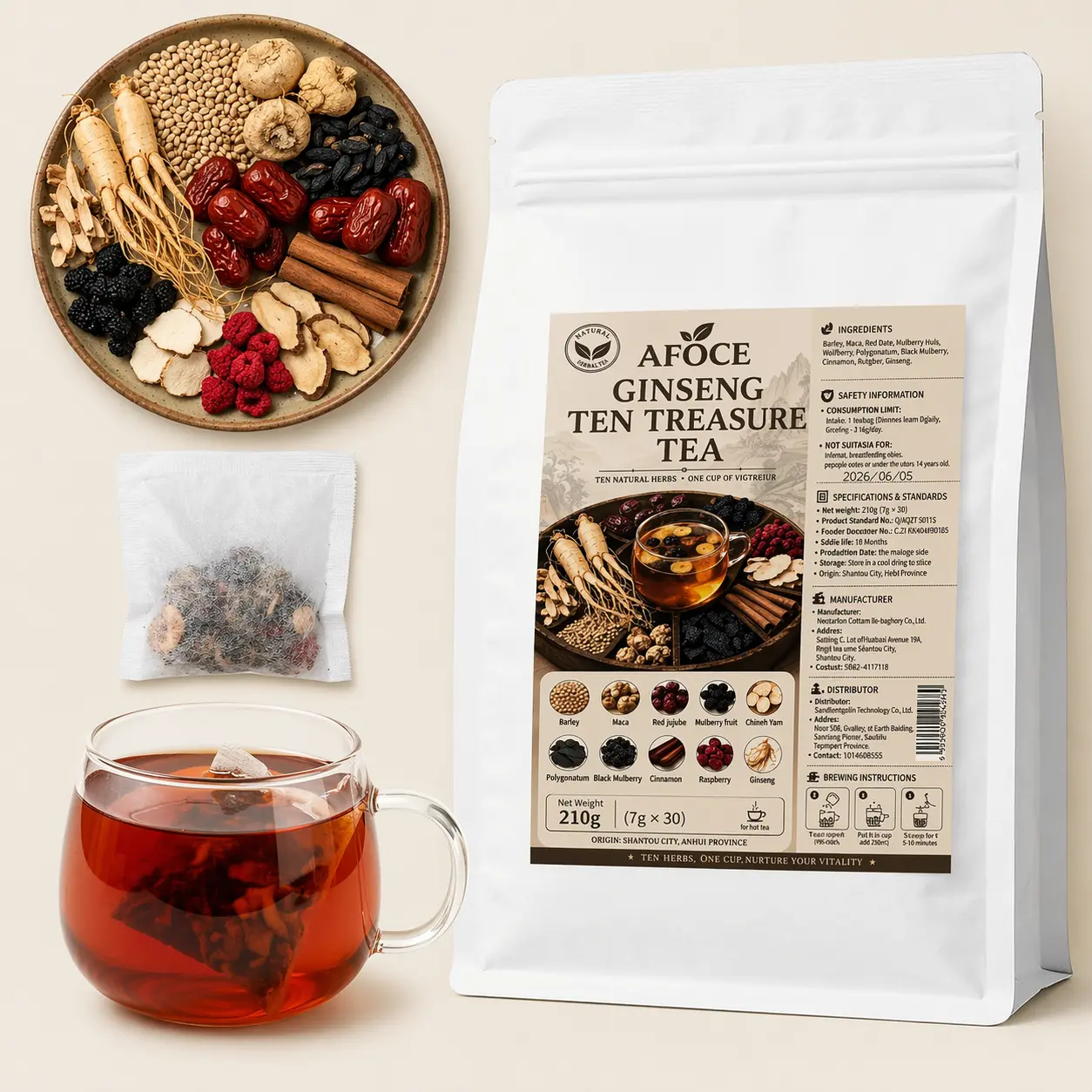 AFOCE Upgraded Kidney Tea Formula Ginseng 10-Treasure Herbal Tea, Natural Herbal Beverage with Red Date, Wolfberry and Mulberry for Men & Women