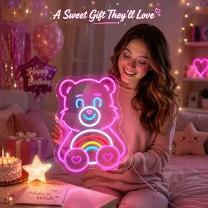 Retro Rainbow Bear LED Neon Sign, USB Powered Pink Cartoon Bear Wall Light with Heart Paws, Soft Glow Clear Acrylic Backboard, Nostalgic Cute Room Decor for Bedroom, Vanity, Dorm, Gamer Desk, Party Bar, Birthday & Holiday Gift for Her Room Makeover Accent