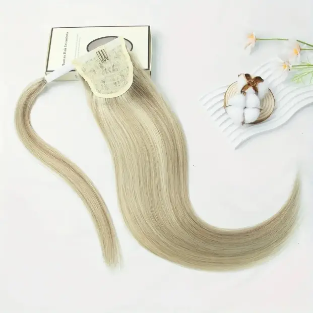 Female Real Human Straight Hair Clip-In Drawstring Ponytail, Highlight Blonde Hairpiece 10-28 Inch, Natural Look Easy Adjust for Daily Wear Styling, Drawstring Tail