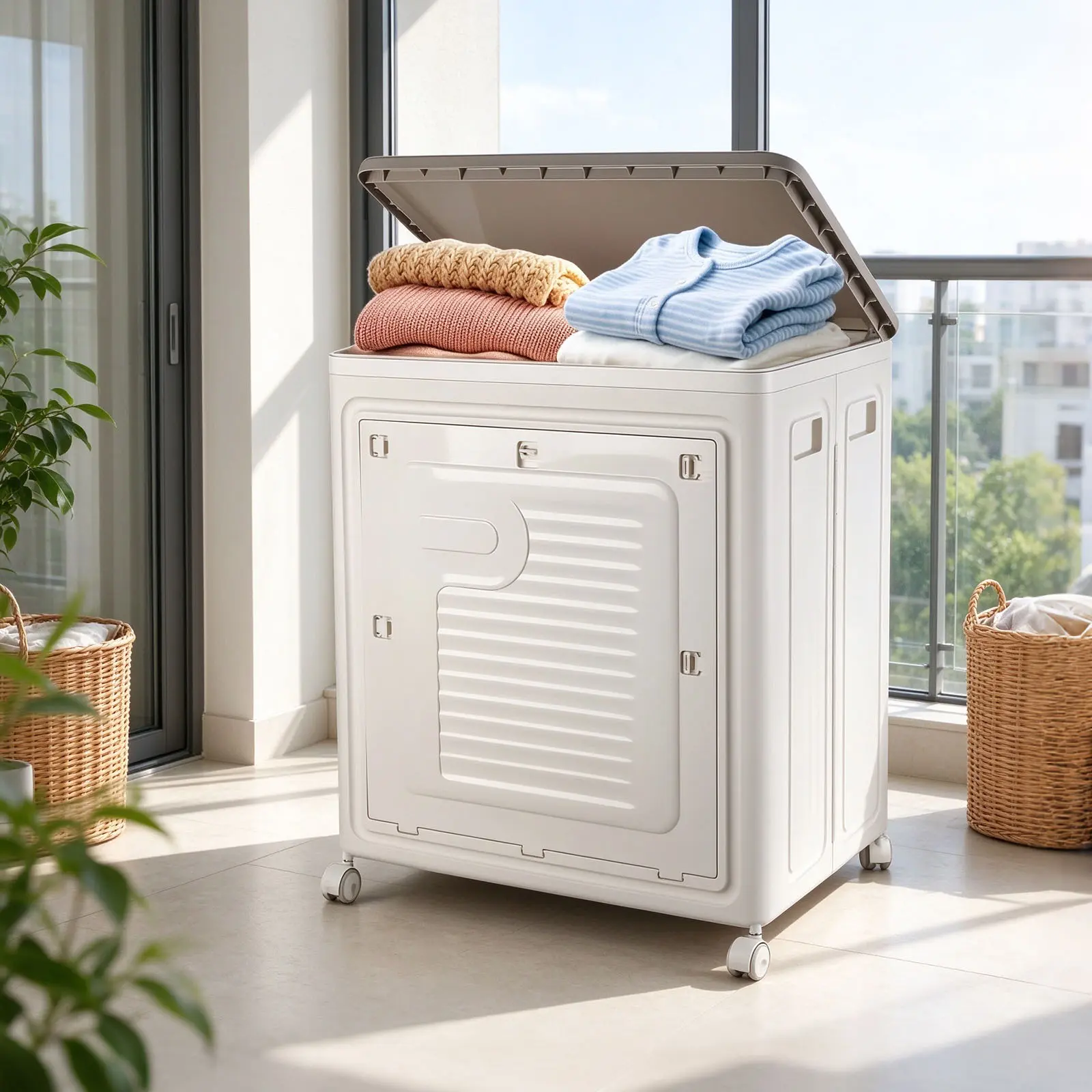S  Size Collapsible Storage Bins with Wheels, Plastic Storage Organizers with Front Open Door, Stackable Rolling Clothes Storage Box for Bedding Wardrobe Blanket