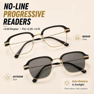 +2.50 Diopter Progressive Multifocal Reading Glasses, Fits +2.25 to +2.75, Photochromic Semi-Rimless Blue Light Readers for Men Women