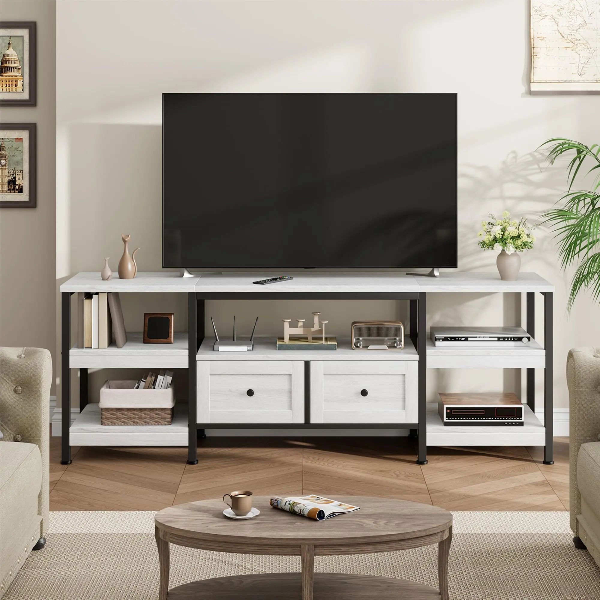 Garvee 78-Inch Industrial Entertainment Center with 2 Drawers and Open Storage Shelves, Versatile TV Console Table for Living Room and Bedroom
