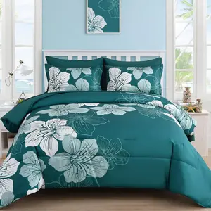 Floral Comforter King Size, 7 a Bag Teal Floral Comforter and Sheet, Microfiber Teal Blue Complete Sets for Seasons
