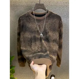 AutumnWinterNewStyleDistressedStarrySkyRhinestoneRoundNeckSweatshirtMen'sTrendyFashionGradientVersatileLongSleeveTop