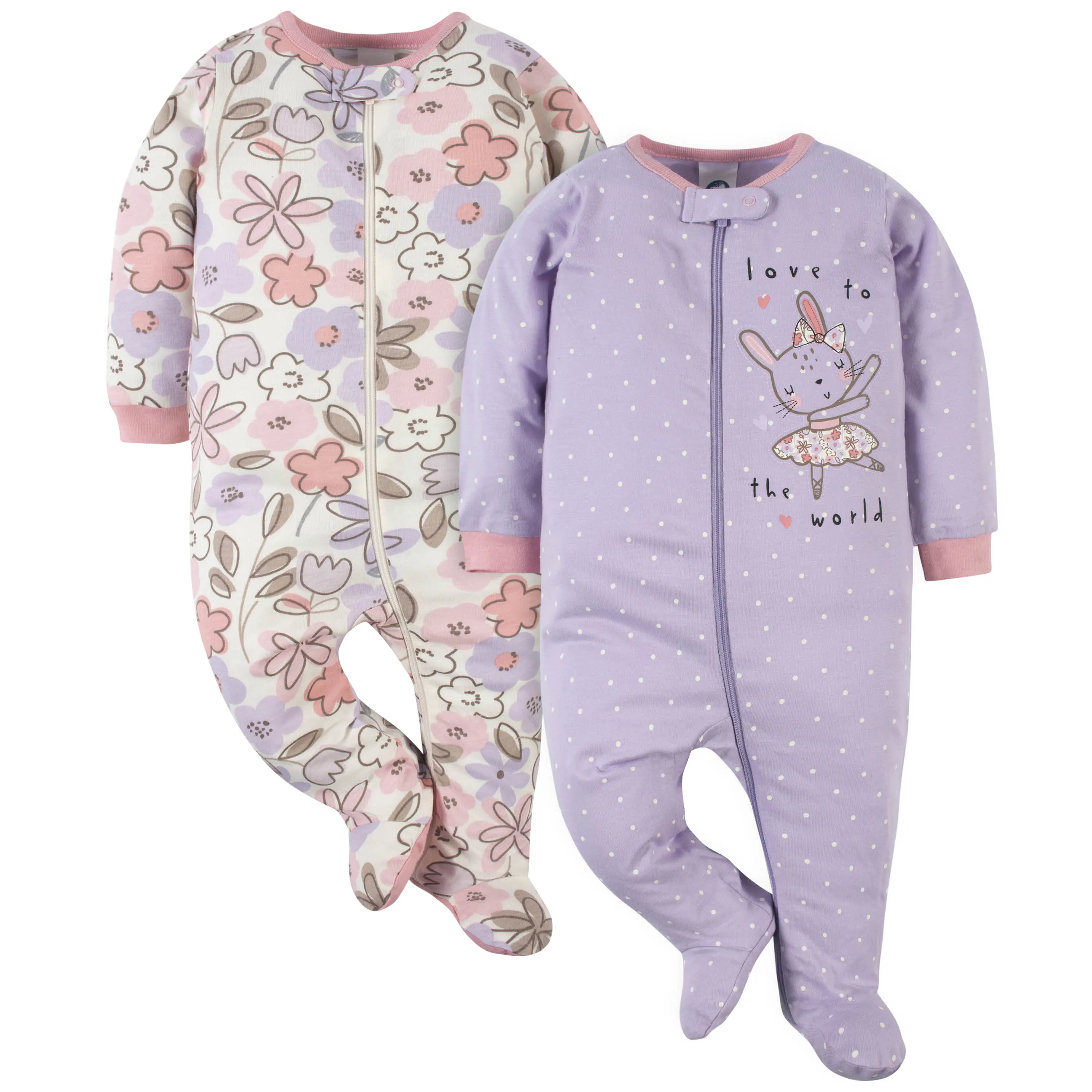 Baby Girls' Snug Fit Footed Pajamas with Full Zipper, 2-Pack