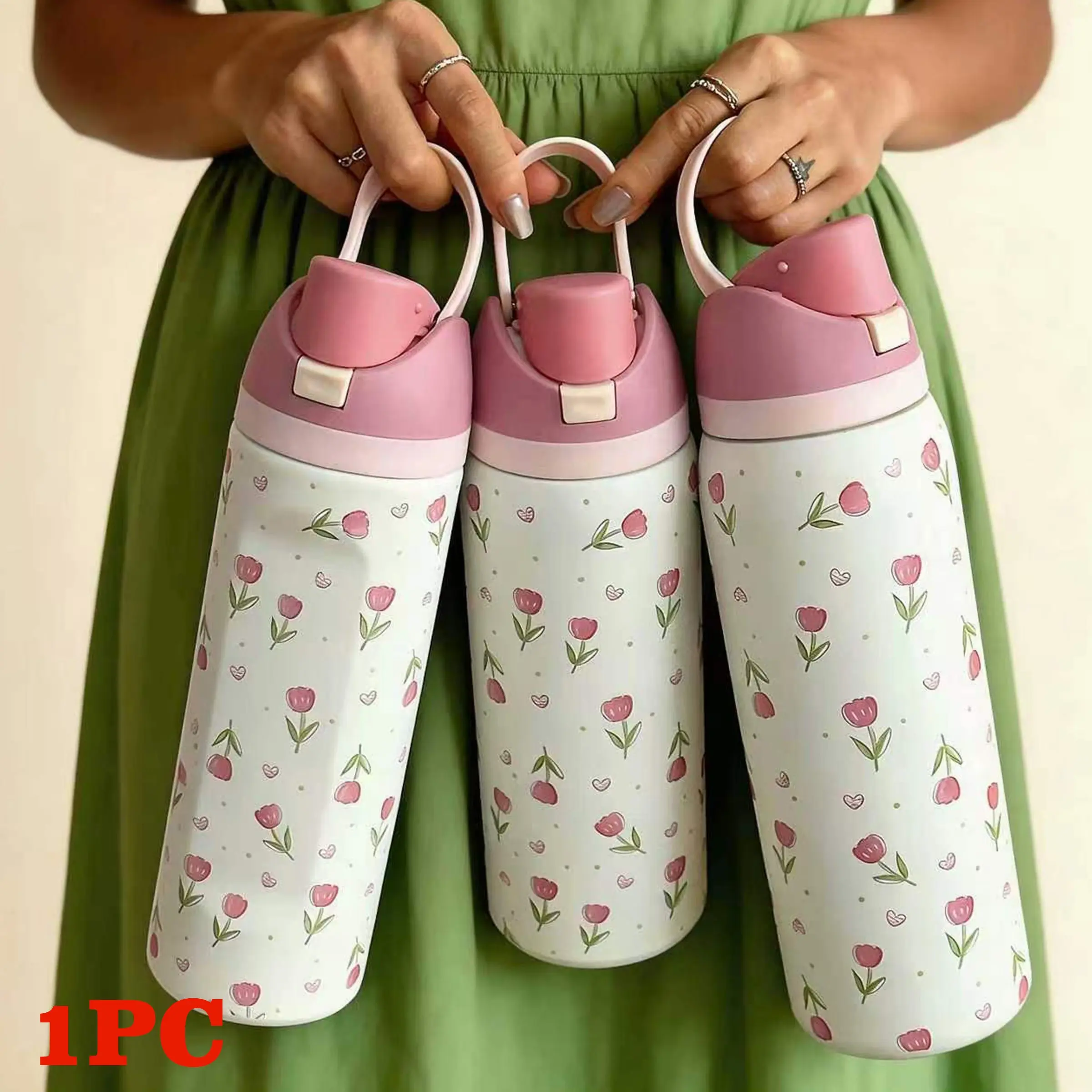 Tulip Pattern Vacuum Flask Stainless Steel Insulated Thermos, 1 Count Portable Large Capacity Water Bottle with Straw, Drinking Cup for Home Office School Outdoor Camping, Drinkware, Tumbler with Lid, Insulated Water Bottles, Insulated Vacuum Flasks