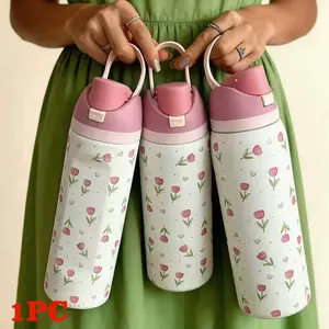 Tulip Pattern Vacuum Flask Insulated Thermos, 1 Count Portable Large Capacity Water Bottle with Straw, Drinking Cup for Home Office School Outdoor Camping, Drinkware, Tumbler with Lid