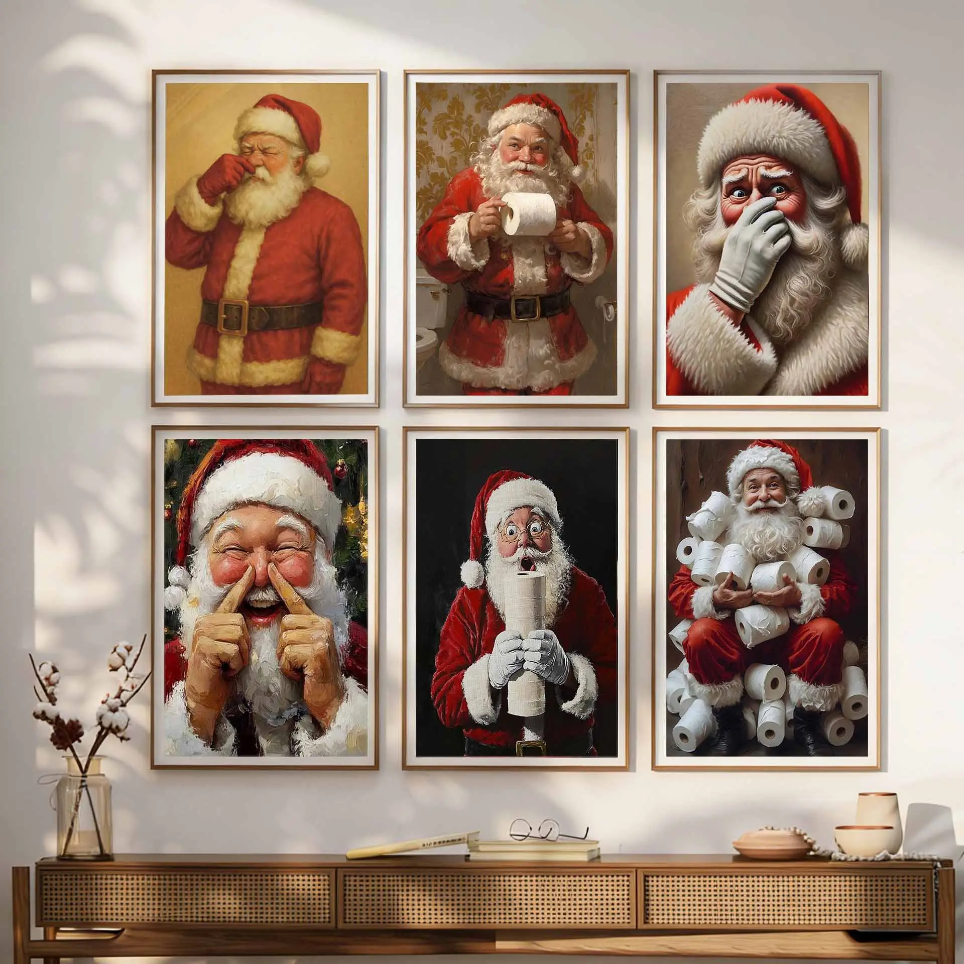 Chrismas Canvas Poster Set of 6 Unframed Festive Holiday Christmas Wall Decor Artwork Funny Santa With Paper Poster and Holiday Enthusiasts