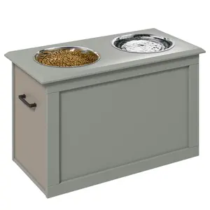 PawHut Raised Pet Feeding Storage Station with 2 Stainless Steel Bowls, Base for Large Dogs and Other Large Pets, Gray