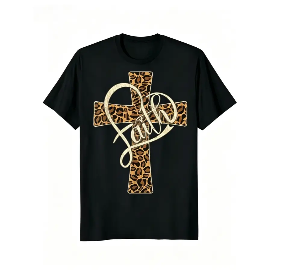 Women's Stylish Vintage Christian Faith T-Shirt, Leopard-Cheetah Print, Golden Lettering, Black with White Cross, Loose Fit Fashion Tops, Menswear-Inspired Casual Church Apparel