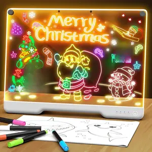 [New deal] - Portable LED Note Board with Colors, Rechargeable 16-inch 7 Light Effects Doodle Glow Memo Message Dry Erase Drawing Lumi Board With Stand for Gift/Classroom/Office/Kids, 5 Markers & Sketchbook