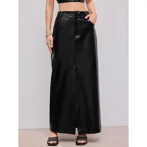 Cider [size 2-10] Faux Leather Solid Split Pocket Maxi Skirt