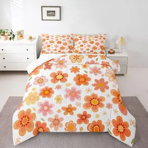 70S Retro Flowers Comforter Set,| Bohemia Cartoon Funky Bedding Set,Vintage Autumn Floral Down Comforter Bedroom Decor Pastoral Quilt Soft Warm,