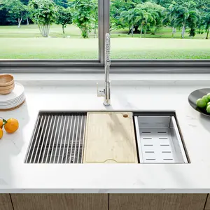 Undermount Workstation Kitchen Sink 304 Stainless Steel Single Bowl Handmade Ledge Sink with Cutting Board Colander Bottom Grid Drain Strainer and Roll Up Rack