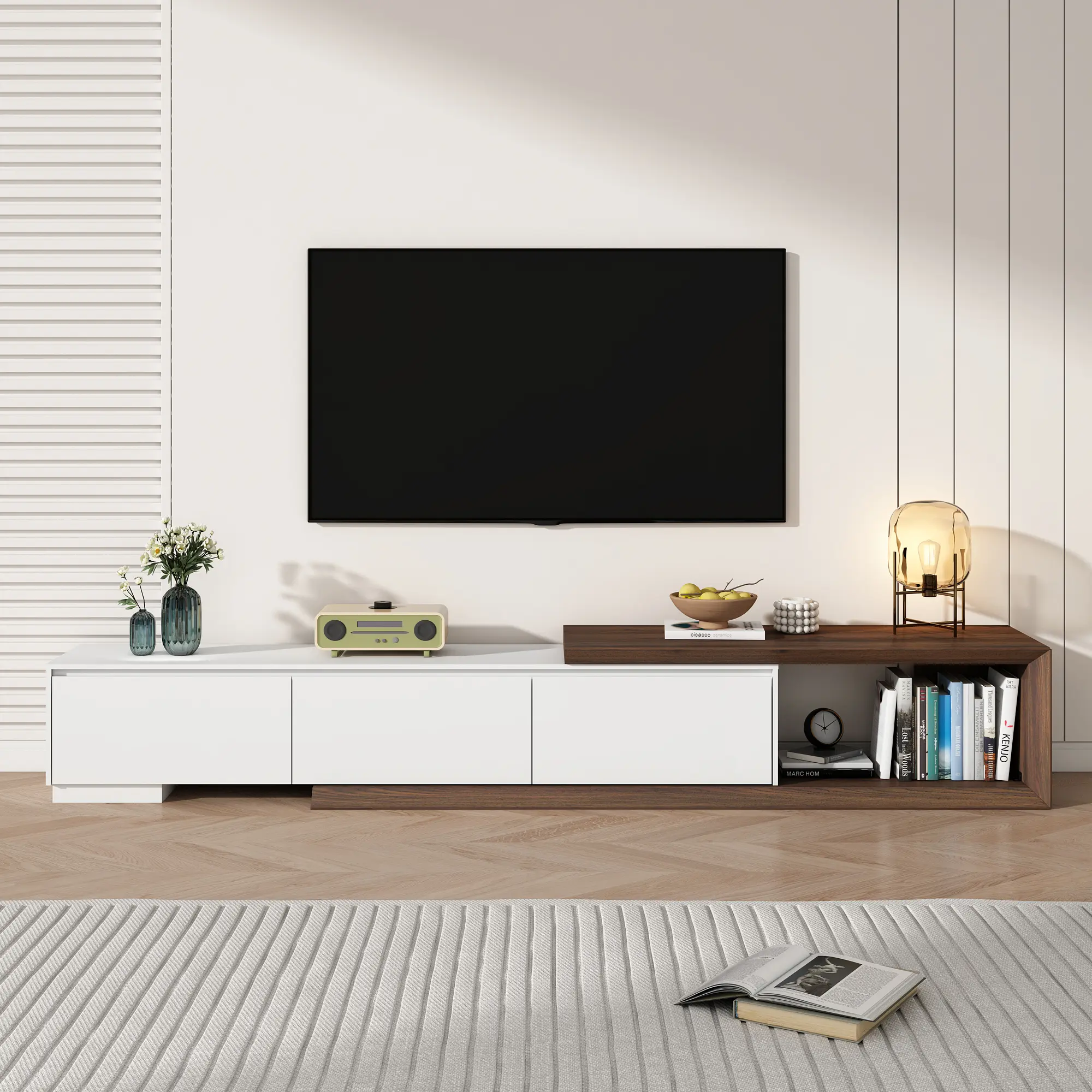 Modern Extendable TV Stand with 3 Storage Drawers – Fits TVs up to 120" – Adjustable Wooden Entertainment Center for Living Room or Bedroom, Floor Tv Stand, Television Table