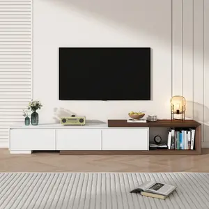 Modern Extendable TV Stand with 3 Storage Drawers – Fits TVs up to 120" – Adjustable Wooden Entertainment Center for Living Room or Bedroom