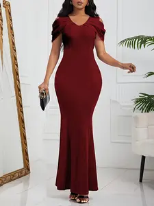 Women's Elegant Mermaid Dress, Slim-Fitting Round Neck Off-Shoulder Formal Wedding Party Gown, Spring & Fall Fashion Essential, Classy