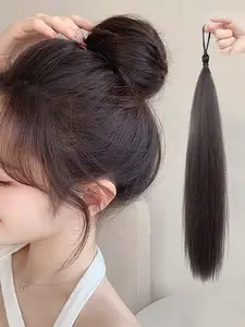 Women Synthetic Wig Braided Ponytail Headband with Rubber Band, Straight Style Elastic Hair Ring for Versatile Hairstyles