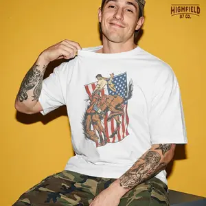[Sale up to 50%] [Free Ship] Western 4th of July T-Shirt, Cowboy Rodeo Shirt, Bronc Riding Patriotic Shirt, Bucking Horse Western Graphic