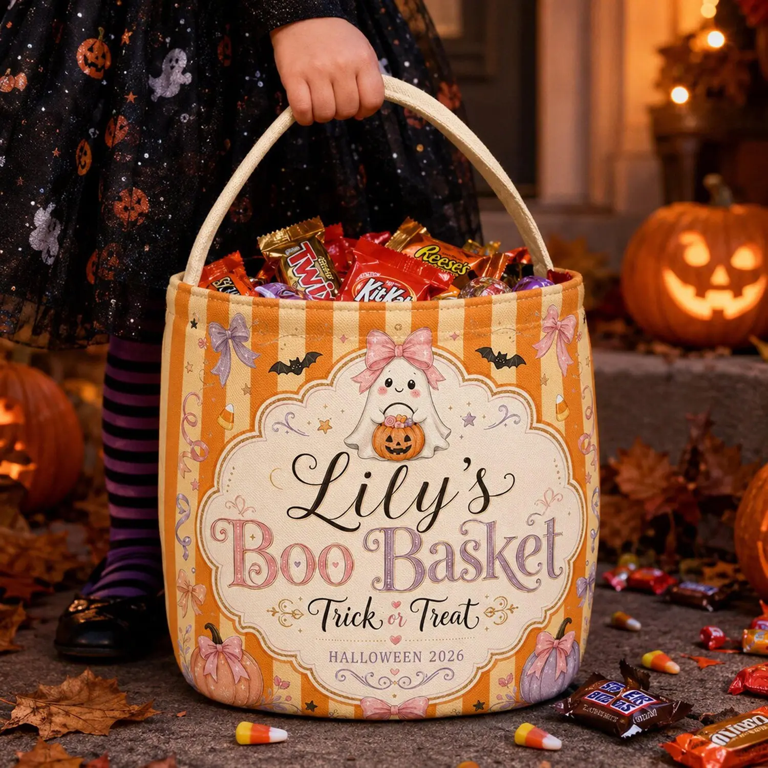 Personalized Seersucker Halloween Toddler Basket, Custom Trick or Treat Candy Bag, Halloween Gift For Kids, Halloween Party Decor