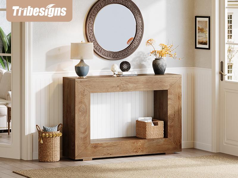 Tribesigns Rustic Farmhouse Console Table with Large Storage Space for Living Room, Hallway, Stairway - Solid Wood Entryway Table