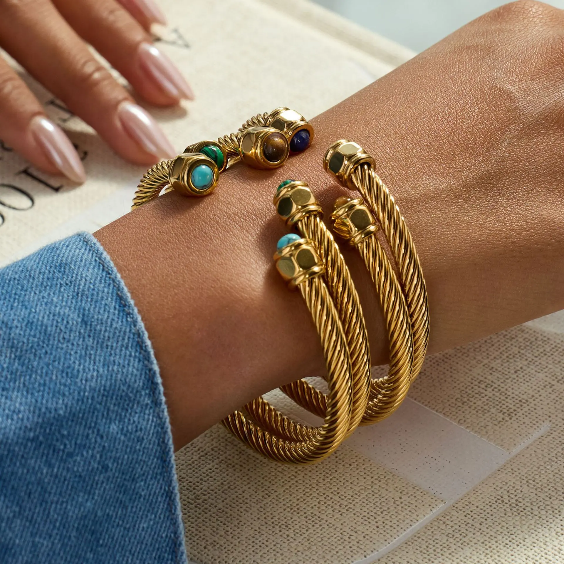 Natural Stone Titanium Steel Bracelet Non-Fading Niche Open Bracelet Stainless Steel Jewelry bangle