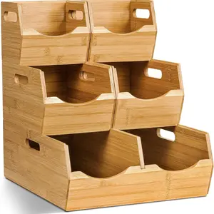 3-tier Stackable Bamboo Pantry Storage Bins, Potato and Onion Storage Baskets with Handles, Removable Divider, Pantry Organizer Holder for Kitchen, Office, Cabinet, Fruit Storage