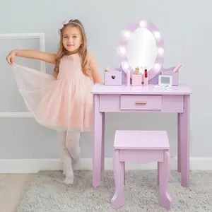 Kids Vanity with Mirror and Stool, Wooden Girls Vanity Playset, Toddler Makeup Desk, Pretend Dressing Table for Girls with Storage, Birthday Gift for Children Living Room Bedroom
