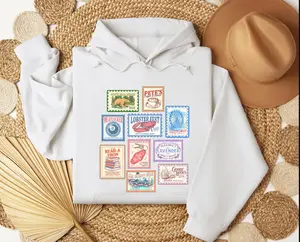 Vintage Postage Stamp Hoodie – Retro Travel Graphic Sweatshirt, Aesthetic Unisex Pullover