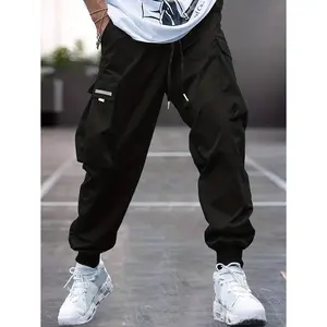 Plus Size Men's Solid Color Pocket Drawstring Waist Cargo Pants, Regular Fit Casual Street Fashion Jogger Pants, Hip Hop Skateboard Streetwear Style, Comfortable Breathable All-Season Daily Wear Trousers for Men
