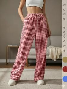 women's plaid print tie front pocket wide leg pants, casual comfy straight leg trousers for daily wear, ladies bottoms for fall & winter