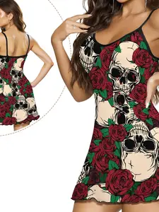 Women's Floral Rose Skull Print Casual Sleepwear Dress, Summer Thin Home Wear, Round Neck Loose Fit Long Dress, Comfortable Sexy Nightgown