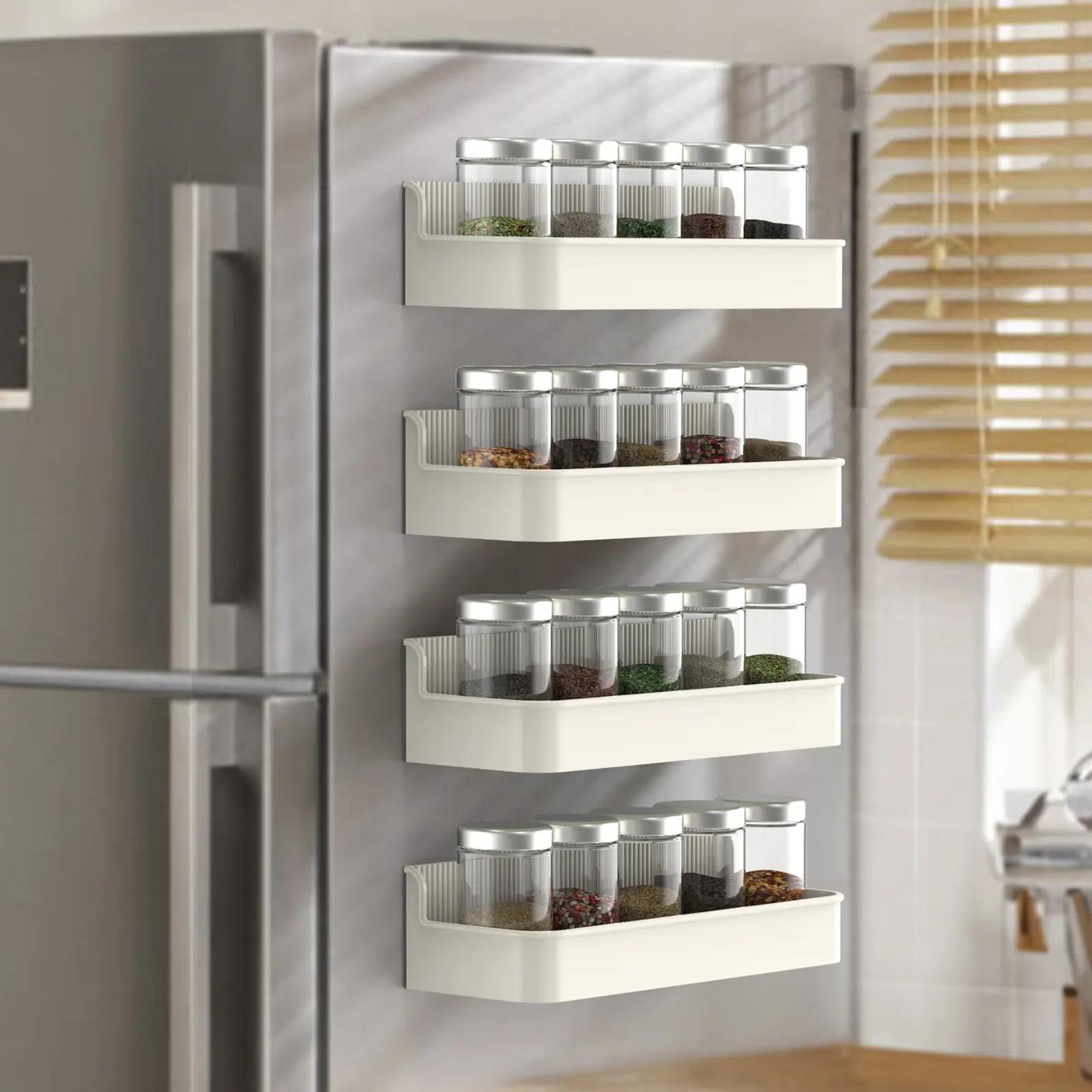 Space Saving Magnetic Fridge Side Rack,No Drill 8 Lbs Load Multi Scene 4 Pack Heavy Duty Magnetic Spice Organizer for Refrigerator,Microwave,Coffee Station,Washer Dryer Rustproof Perforated Drain Storage Bin