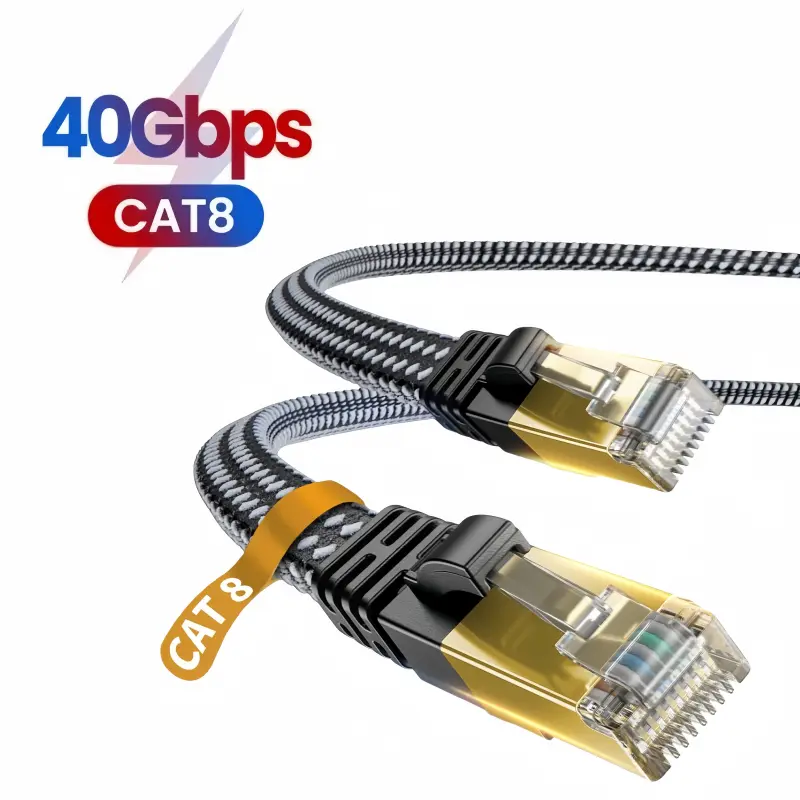MIZIQIER Cat8 Ethernet Cable, 40Gbps 2000Mhz Gold-Plated RJ45 Connector, Heavy-Duty Flat Braided Indoor-Outdoor Cable for Patch Panel, Modem, Routers