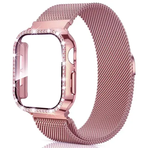 Band + case for apple watch 2026 series 12 44mm 45mm 40mm 41mm 46-42mm diamond cover+band iwatch 9 8 7 6 5 4 10 11 ultra3-2 49mm Smartwatch Accessories