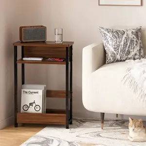 Slim 3-Tier Narrow Side Table for Small Spaces – Wooden End Table with Storage Shelves, Modern Nightstand with Magazine Rack for Bedroom, Living Room, Sofa Side
