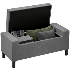 HOMCOM 36" Ottoman with Storage, Storage Ottoman Bench with Lift Top and Rubberwood Legs, Linen Upholstered Entryway Bench with Seating for Living Room, Bedroom, Holds up to 330 lb