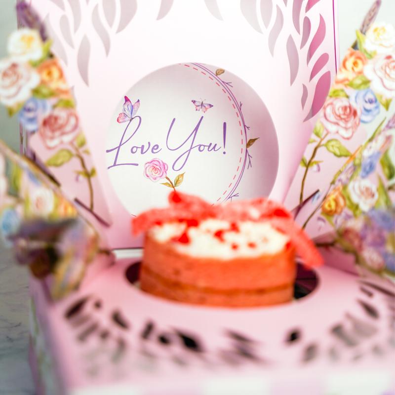 Love You Bloom Box by Send A Cake - A Delightful Surprise Perfect For Valentine's Day, with Strawberry Short Cake & Pop-Up Flowers - Unique & Beautiful Gift Set For Any Occasion - A Dessert Worth Sending