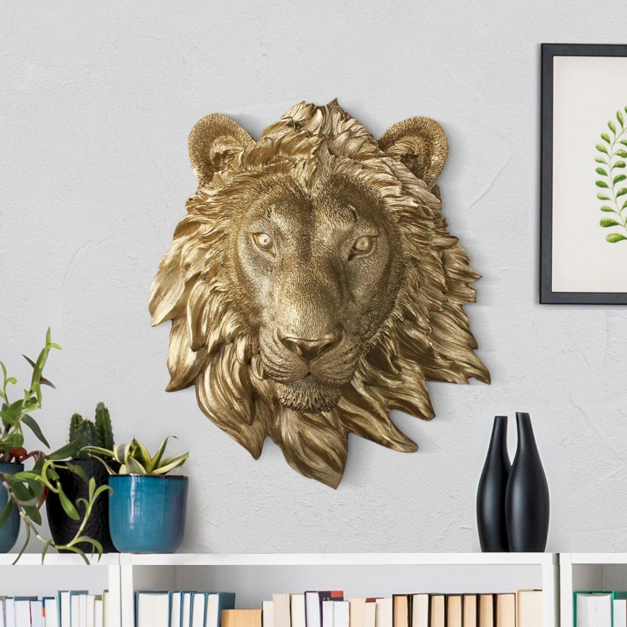 Mini Gold Lion Wall Decor 9" Eco-Friendly Resin Faux Lion Head Decor