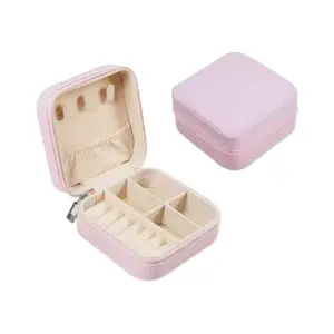 Portable Travel Jewelry Storage Box, Square Ring Earring Necklace Bracelet Organizer, Zipper Closure Multi-Layer Soft Lining, Gift
