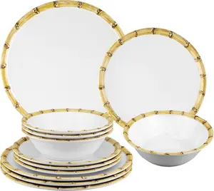 White 12-Piece Bamboo-Inspired Melamine Dinnerware Set, Plates & Bowls for Outdoor Dining, Service for 4
